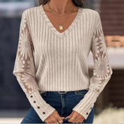 Dames Elegante Stijlvolle V-hals Trui met Kantmouwen en Knopen | Ramy