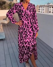 Dames Panterprint Midi Jurk met V-hals en Tailleceintuur | Nalay