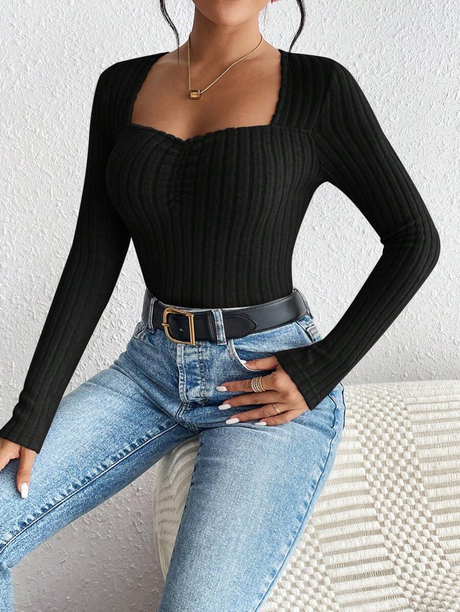 Dames Gebreide Rib Top met Geplooide Voorzijde | Tency
