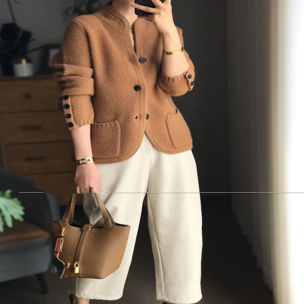 Dames Stijlvolle Luxe Gebreide Wol Look Vest met Chinese Kraag | Ranoa