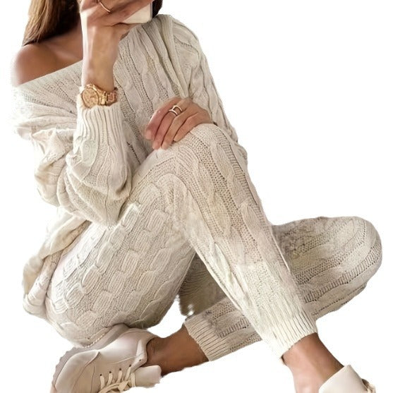 Dames Warme Tweedelige Lounge Wear Set met Legging en Top in Kabel Patroon | Delivra