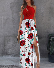 Dames Elegante Maxi Lange One Shoulder Jurk met Print en Split | Nasara