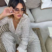 Dames Modieuze Pailletten Tweedelige Set met Blouse en Wijde Broek | Daylily