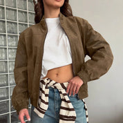 Dames Vintage Look Faux Suede Bomber Jas met Opstaande kraag en Rits | Besita