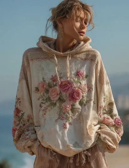 Dames Vintage Barok Hoodie met Vrouwelijk Bloemen Print | Sharony