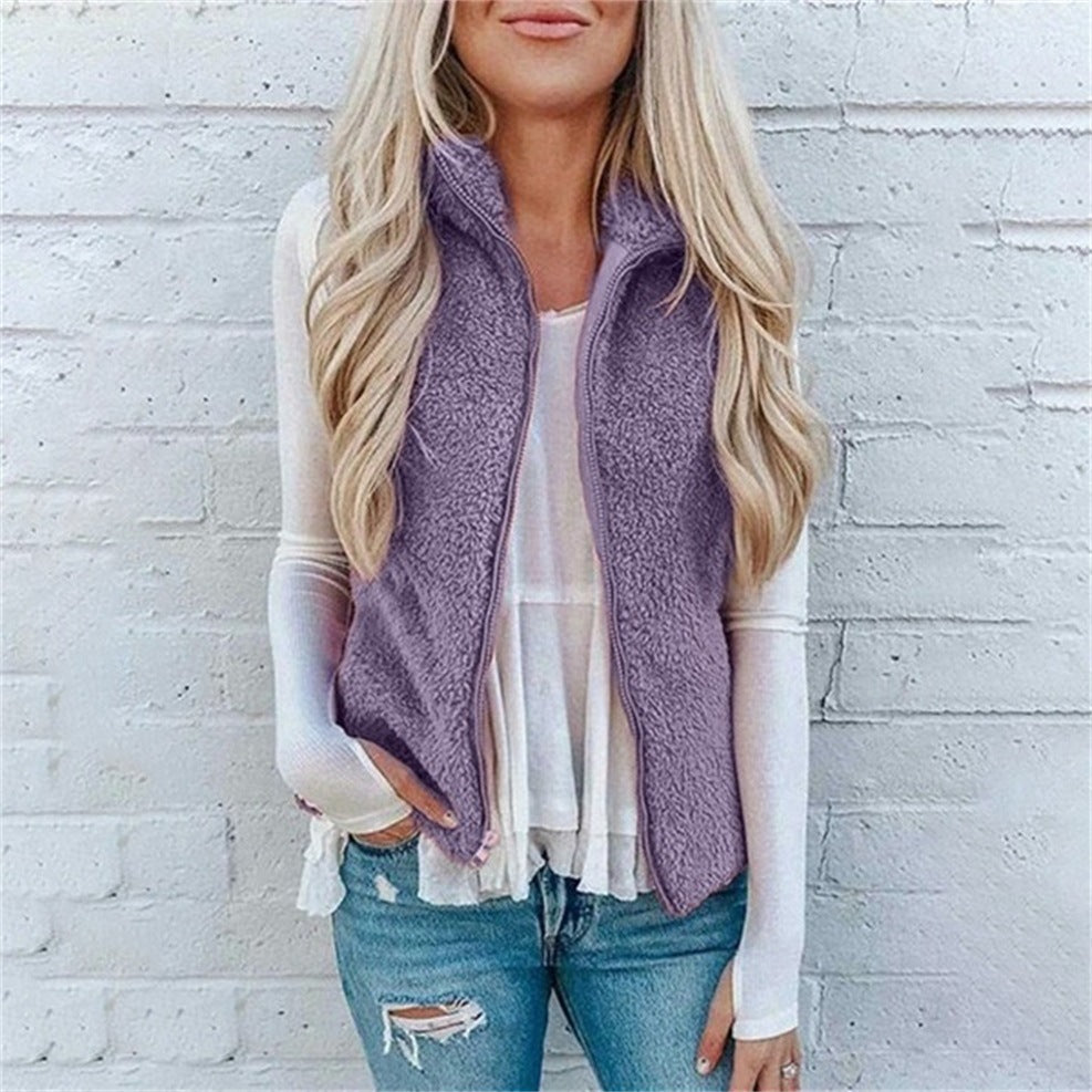 Dames Trendy Stijlvolle Plush Teddy Fleece Bodywarmer met Opstaande Kraag en Rits | Baydie