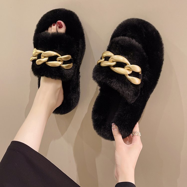 Dames Luxe Trendy Faux Fur Slippers met Ketting Detail | Eshara