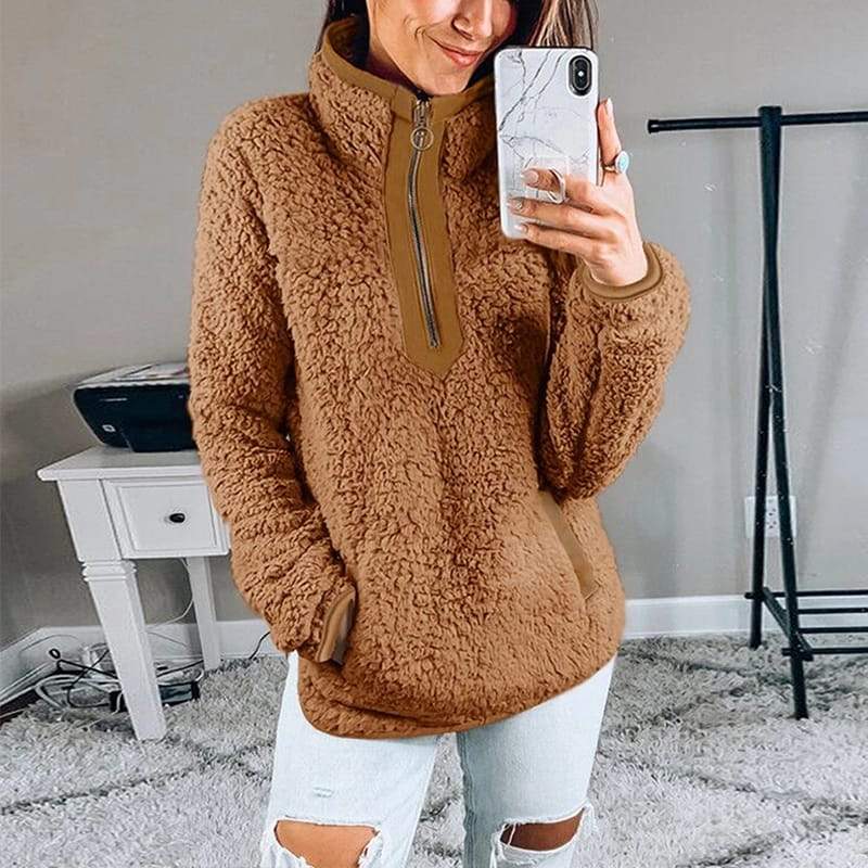 Dames Basic Casual Trendy Veelzijdige Teddy Fleece Trui met Rits en Hoge Kraag | Sophia