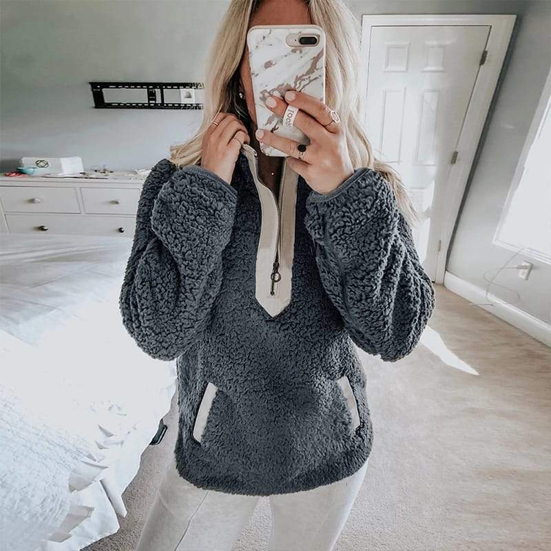 Dames Basic Casual Trendy Veelzijdige Teddy Fleece Trui met Rits en Hoge Kraag | Sophia