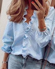 Dames Effen Geweven Blouse met Ruches | Hannah