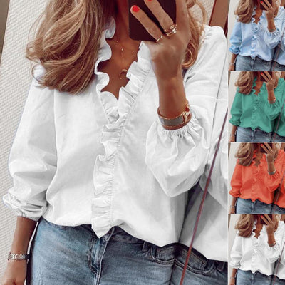 Dames Effen Geweven Blouse met Ruches | Hannah