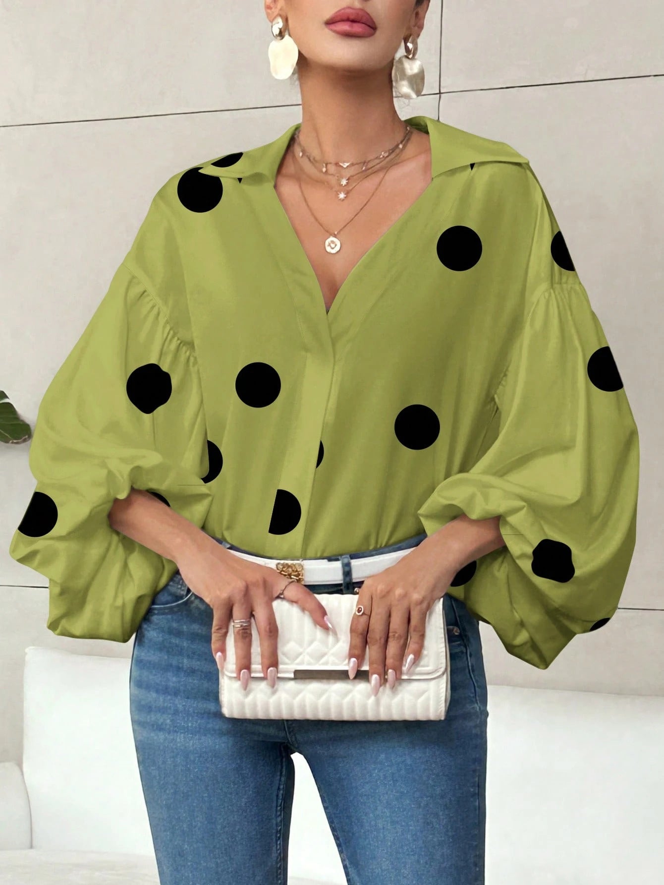 Dames Elegante Koreaanse Style Trendy Blouse met Ballon Mouwen en Grote Polka Dot Stippen Print | Hermalien