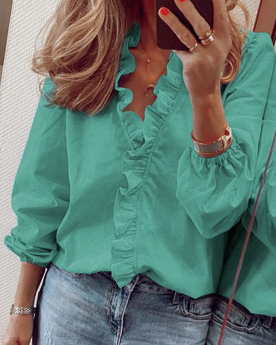 Dames Effen Geweven Blouse met Ruches | Hannah