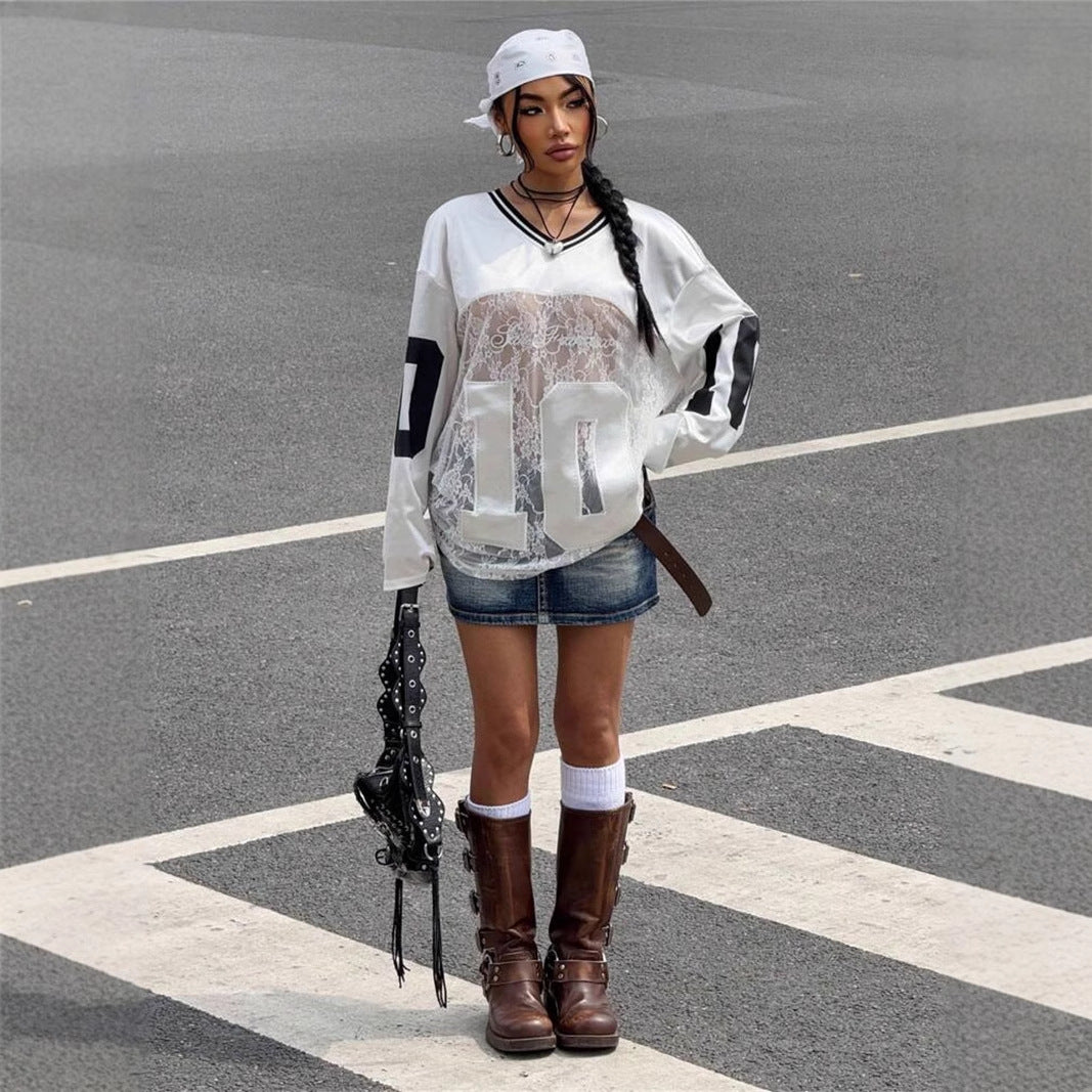 Dames Sportieve V-neck Jersey Top met Kant en Sportprint | Tania