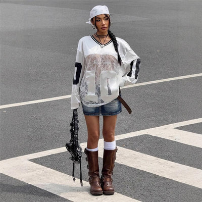 Dames Sportieve V-neck Jersey Top met Kant en Sportprint | Tania