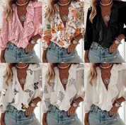 Dames Boho Veelzijdige Elegante Chiffon Blouse met V-Hals en Ruches | Hadjar
