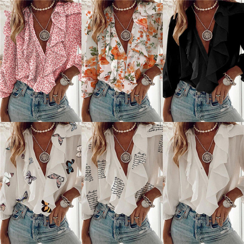 Dames Boho Veelzijdige Elegante Chiffon Blouse met V-Hals en Ruches | Hadjar