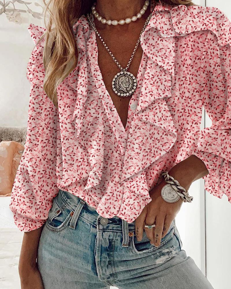 Dames Elegante Boho Chiffon Blouse met Bloemenprint en Ruches | Hind