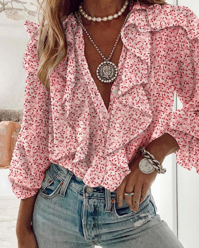Dames Elegante Boho Chiffon Blouse met Bloemenprint en Ruches | Hind