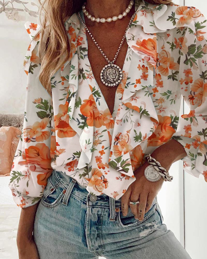 Dames Elegante Boho Chiffon Blouse met Bloemenprint en Ruches | Hind