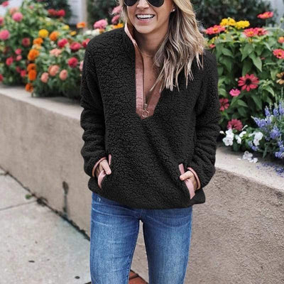 Dames Basic Casual Trendy Veelzijdige Teddy Fleece Trui met Rits en Hoge Kraag | Sophia