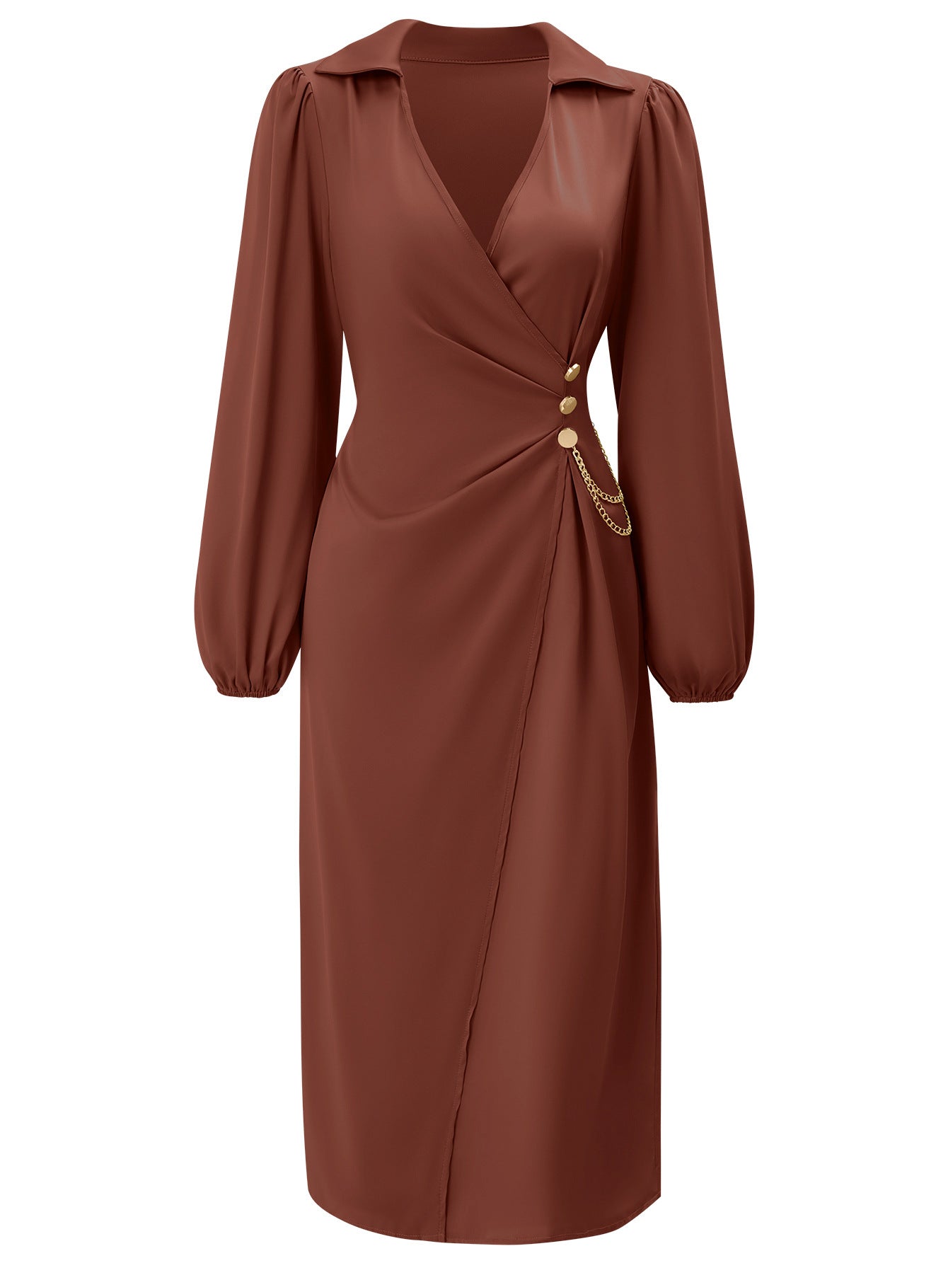 Dames Elegante Midi Jurk met V-hals, Tailleaccent en Ketting Detail | Neza