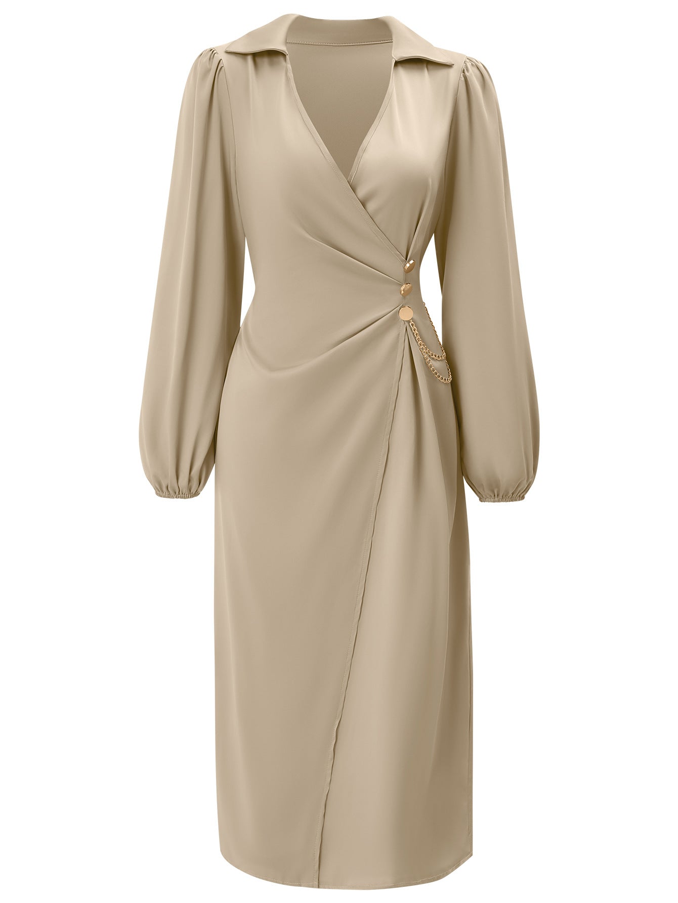 Dames Elegante Midi Jurk met V-hals, Tailleaccent en Ketting Detail | Neza