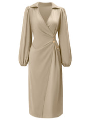 Dames Elegante Midi Jurk met V-hals, Tailleaccent en Ketting Detail | Neza