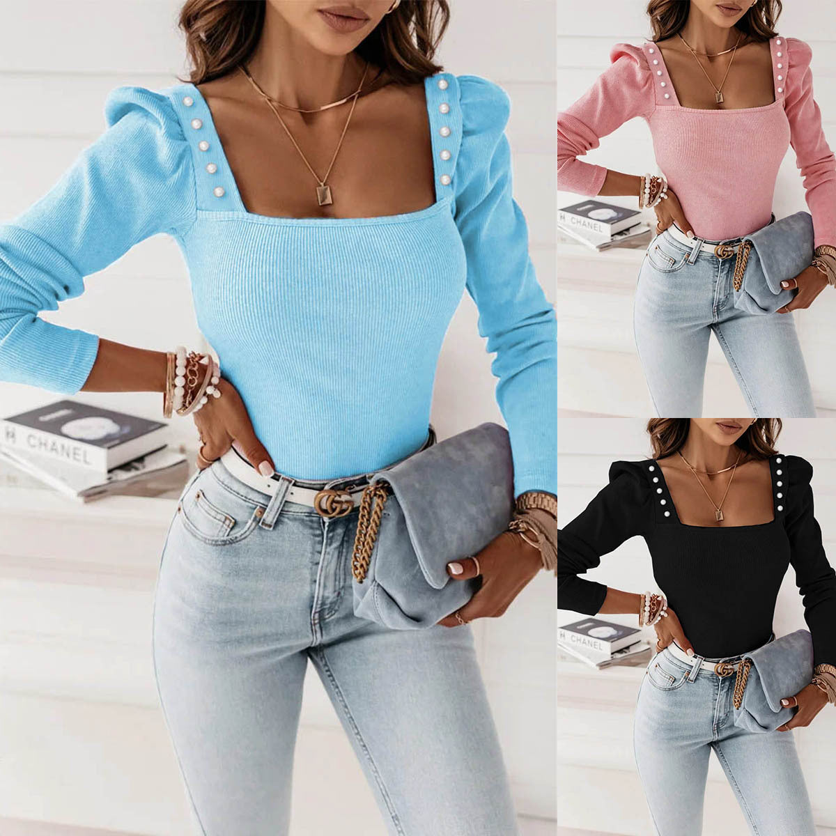 Dames Trendy Top met Vierkante Hals en Sierknopen | Tona
