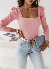 Dames Trendy Top met Vierkante Hals en Sierknopen | Tona