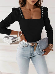 Dames Trendy Top met Vierkante Hals en Sierknopen | Tona