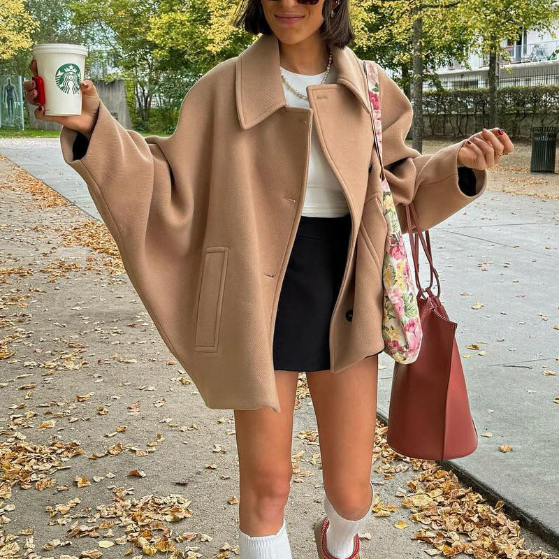 Dames Wijdvallende Trendy Wol Look Jas met Kraag en Knopen | Biara