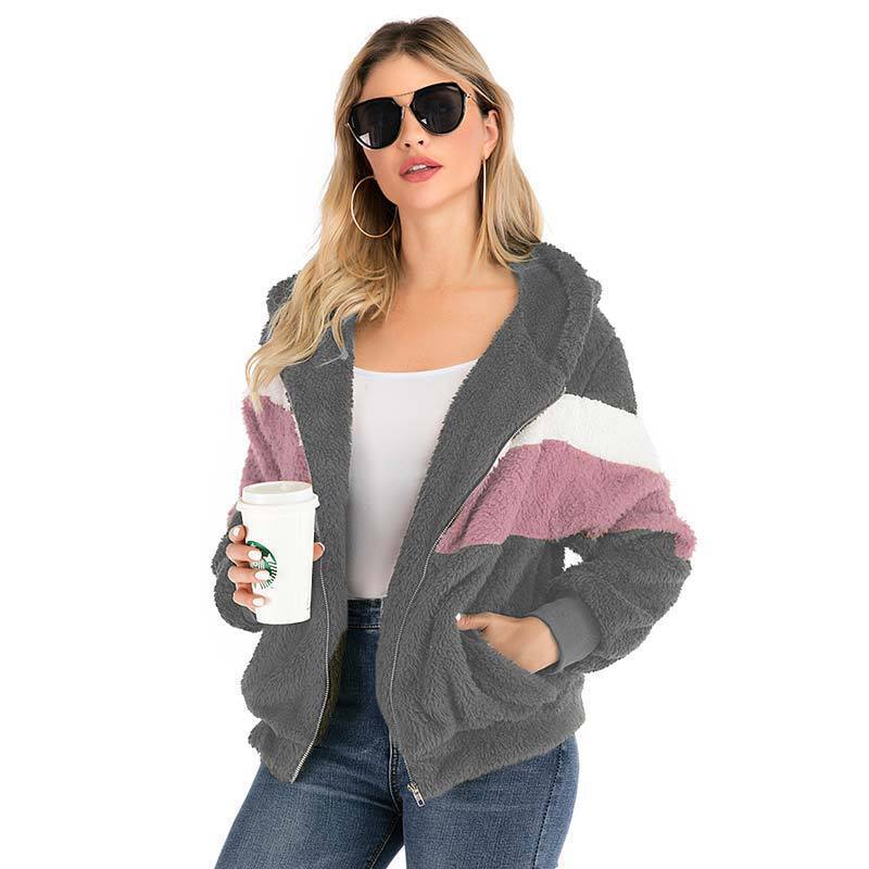 Dames Trendy Comfortabele Teddy Vest Hoodie met Rits en Kleur Vlakken | Shaloma