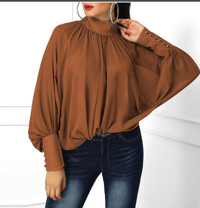 Dames Trendy Veelzijdige Luxe Blouse met Wijde Mouwen | Houwda