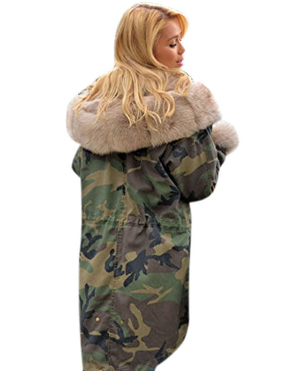 Dames Stijlvolle Elegante Parka met Luxe Bont & Camouflageprint | Balyssa