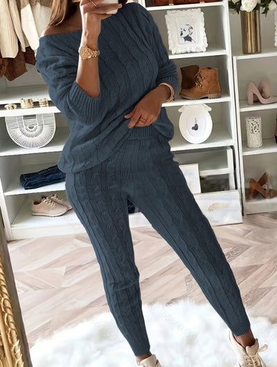 Dames Warme Tweedelige Lounge Wear Set met Legging en Top in Kabel Patroon | Delivra