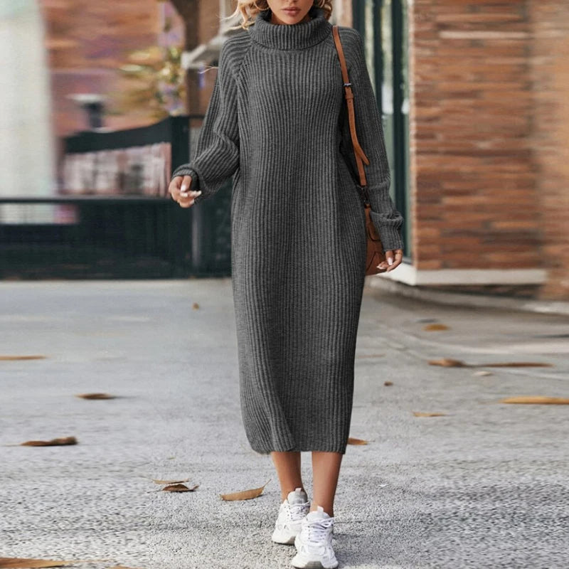 Dames Gebreide Midi jurk met col en lange mouwen | Nova