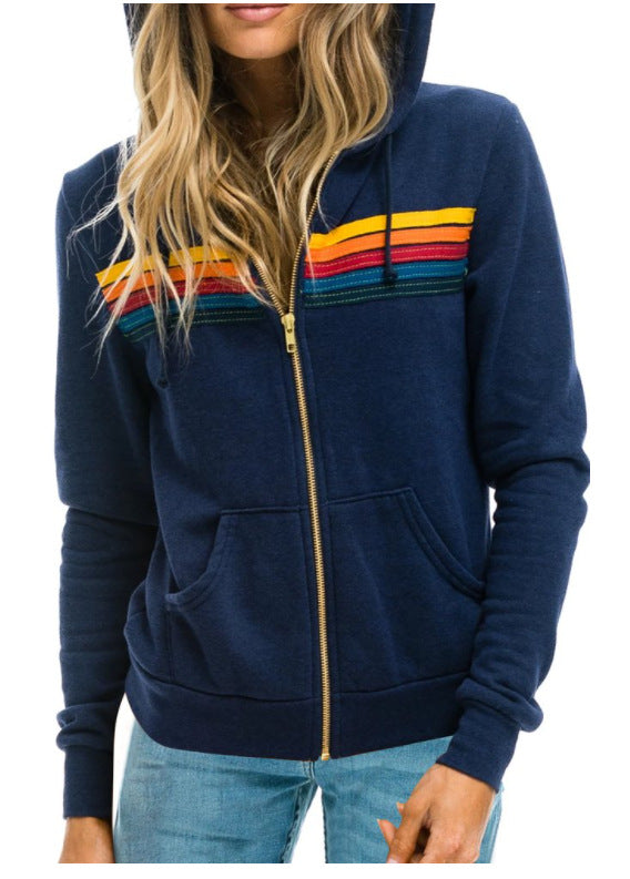 Dames Trendy Veelzijdige Hoodie Vest met Regenboogstrepen en Capuchon | Saba