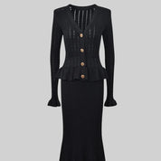 Dames Franse Style Gebreide Tweedelige Set met Lange Rok en Vest met Knopen | Davina