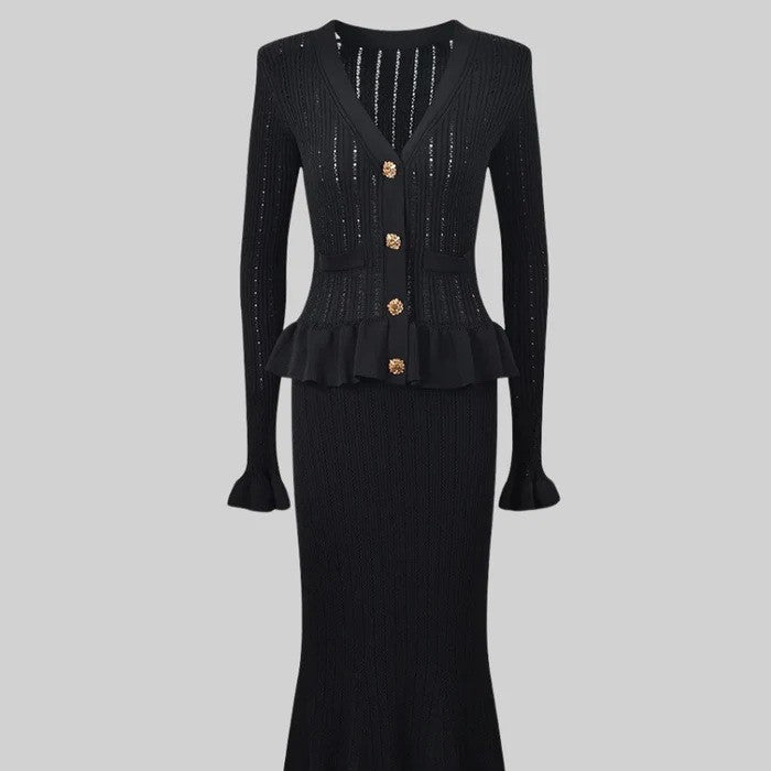 Dames Franse Style Gebreide Tweedelige Set met Lange Rok en Vest met Knopen | Davina