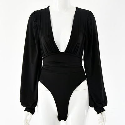Dames Trendy Modieuze Luxe Diepe V-hals Bodysuit met Lange Mouwen | Thyara