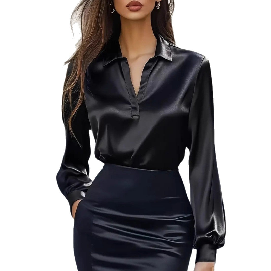 Dames Elegante Stijlvolle Satijnen Look Blouse met V-Hals | Hillany