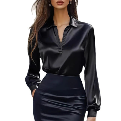 Dames Elegante Stijlvolle Satijnen Look Blouse met V-Hals | Hillany