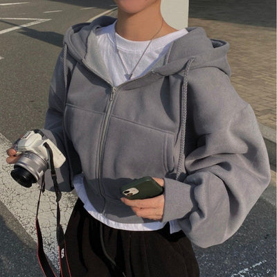 Dames Basic Veelzijdige Korte Hoodie met Rits en Zakken | Selviana