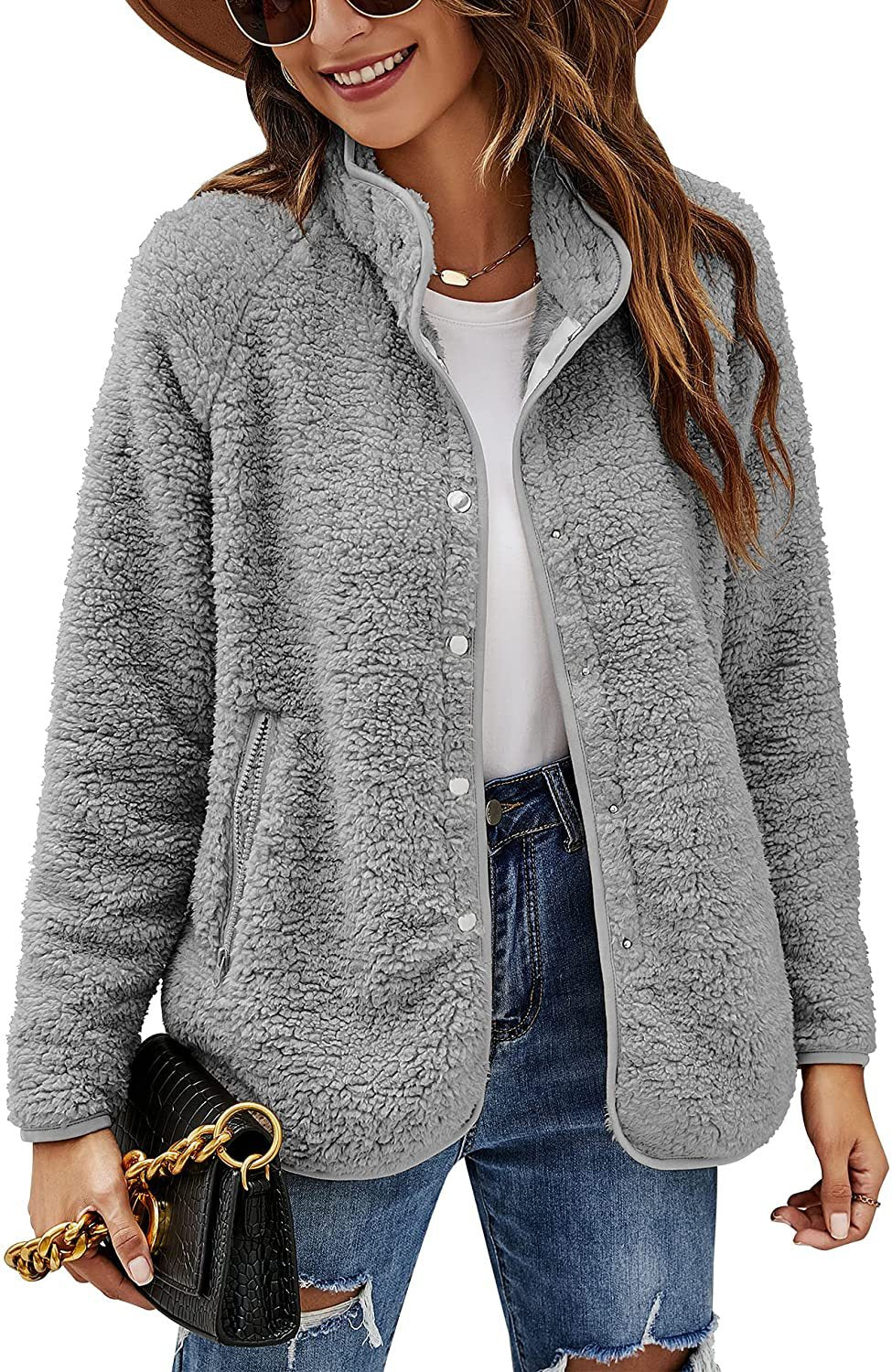 Dames Comfortabele Trendy Zachte Teddy Jas met Drukknopen | Baslana