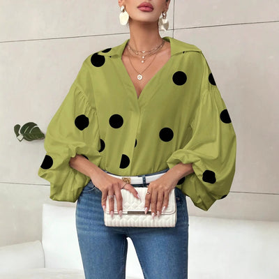 Dames Elegante Koreaanse Style Trendy Blouse met Ballon Mouwen en Grote Polka Dot Stippen Print | Hermalien