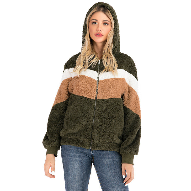 Dames Trendy Comfortabele Teddy Vest Hoodie met Rits en Kleur Vlakken | Shaloma