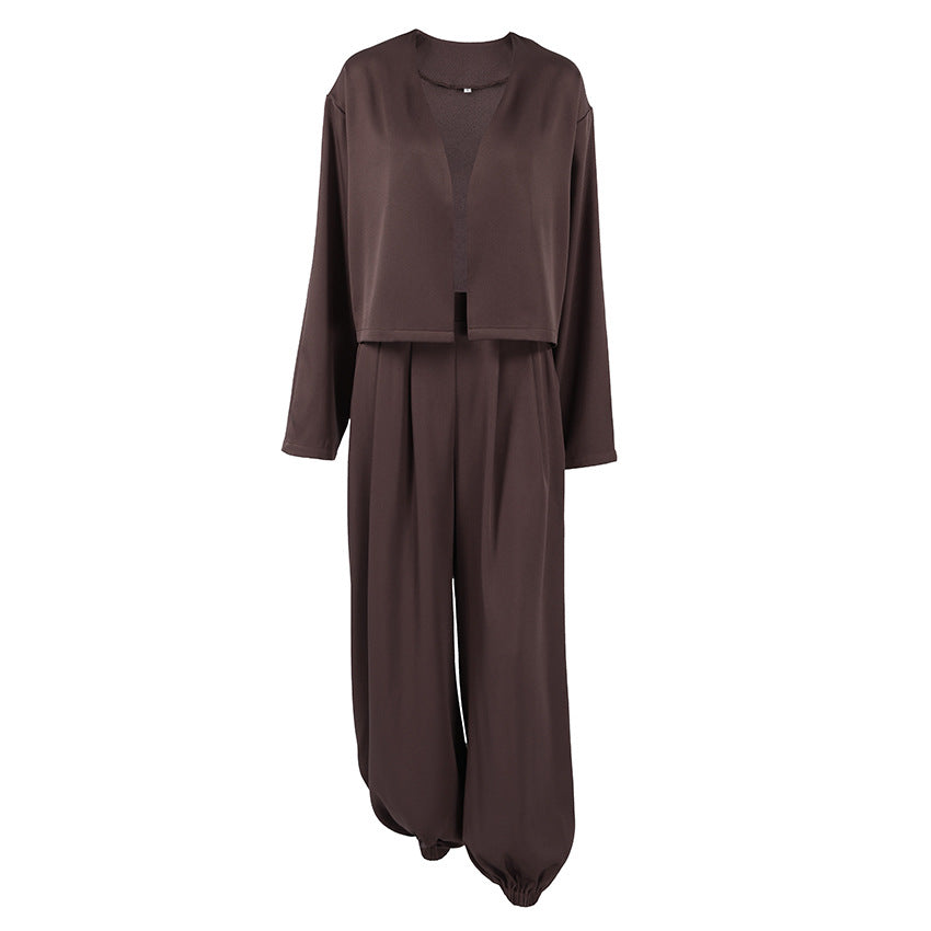 Dames Elegante Minimalistische Tweedelige Set met Wijde Broek en Moderne Blazer | Delicia