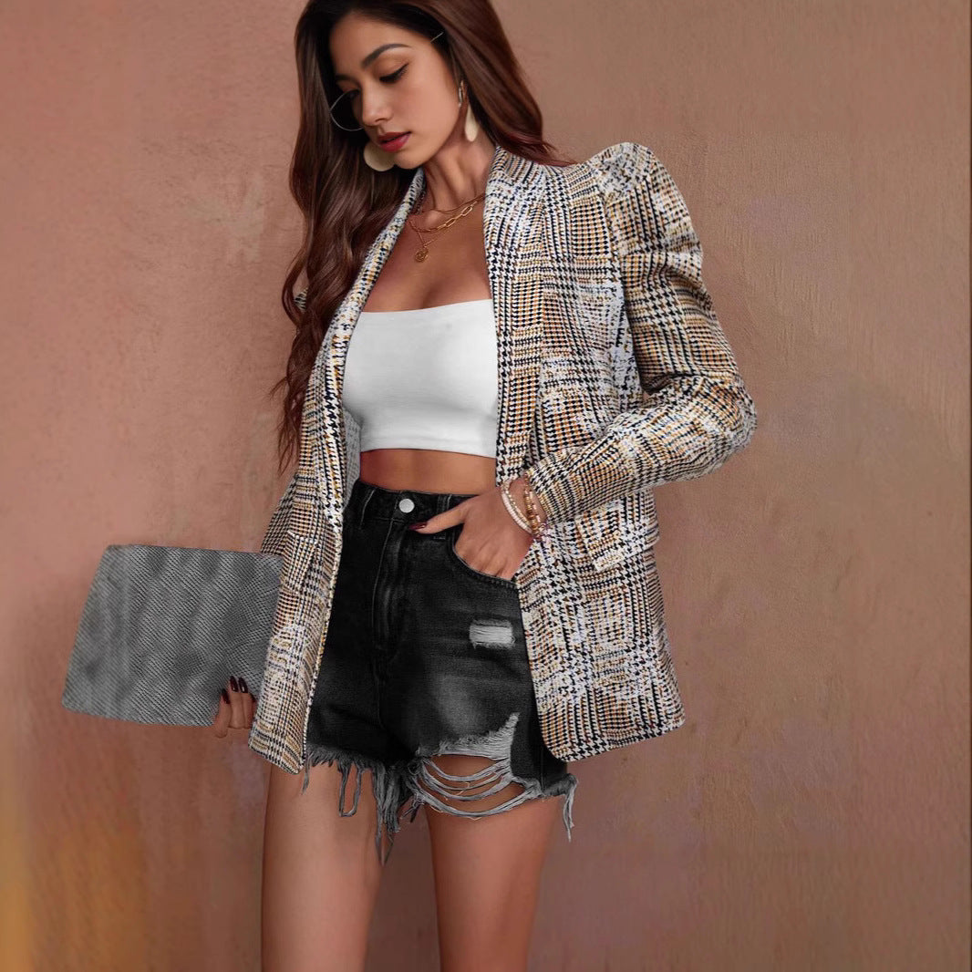 Dames Stijlvolle Elegante Geruite Blazer met Pofmouwen | Bailani