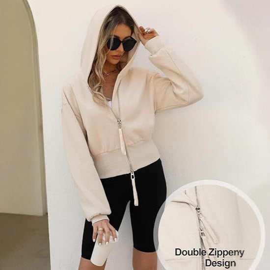 Dames Trendy Korte Hoodie Vest met Dubbele Rits | Sadav